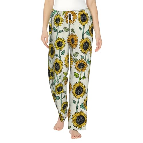 Pantalon de pyjama flanelle femme doux motif tournesols avec poches et cordon