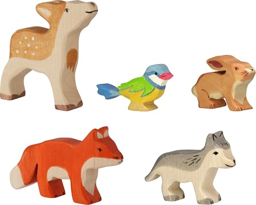 Holztiger 80630 Waldtiere Tierkinder Set mit 5 Spielfiguren aus Holz Rehkitz Fuchs Hase Wolf Blaumeise handbemalte Spielzeugtiere für Kinder Made in Europe