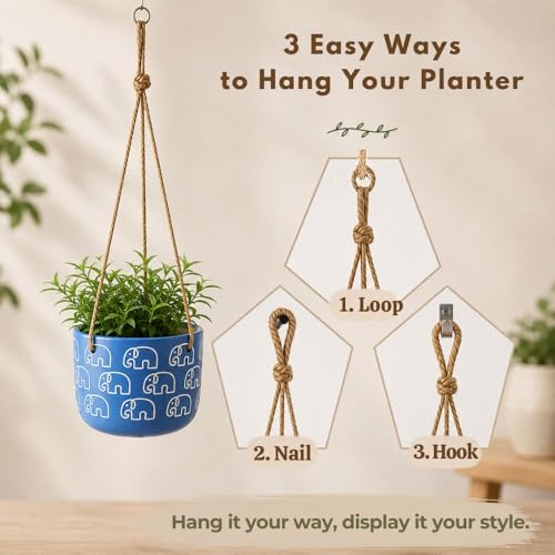 Image of Urban Upvan Elephant Printed Blue Hangingpot with Rope - Premium Decorative Planter for Indoor & Outdoor Plants, Modern Elegant Flower Pot for Home, Garden & Office