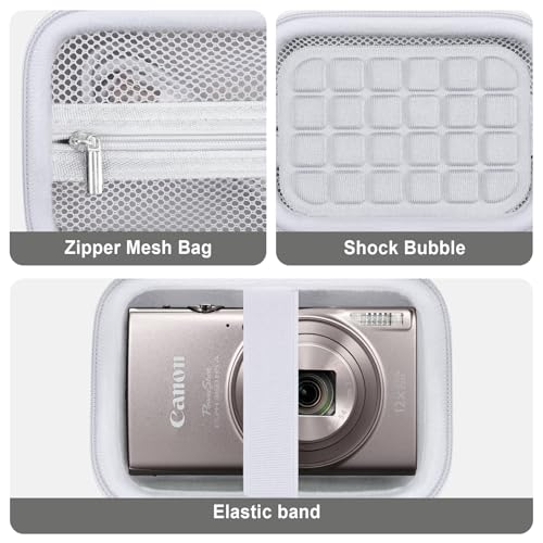 Image of Camera Case for Canon PowerShot ELPH 360 HS A, IXY 650 /ELPH 360 Camera Protective Case Storage Holder Travel Bag with Wrist Strap, Mesh Pocket for Battery Pack, USB Cable, White
