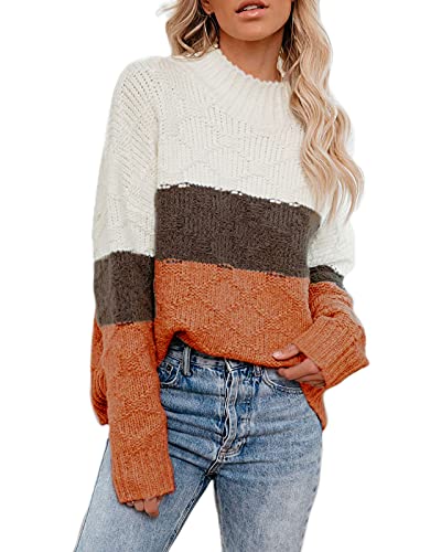 ANCAPELION Women’s Casual Sweater Pullover Winter Cozy Long Sleeve Turtleneck Jumpers Color Block Knit Pullover Top Loose Fit
