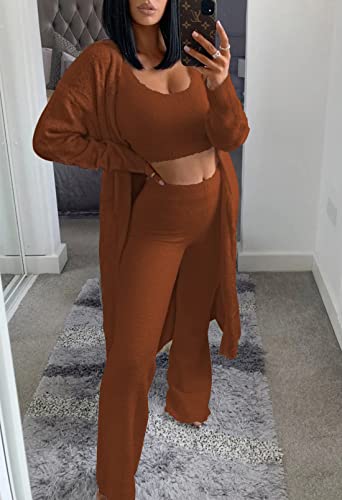 Image of Fixmatti Women's Fuzzy 3 Piece Sweatsuit Open Front Cardigan Crop Tank Tops Wide Legs Pants Lounge Sets