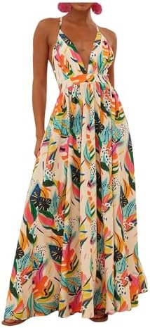 RoseSeek Women's Colorful Botanical Print Halter Dress Deep V Nec...
