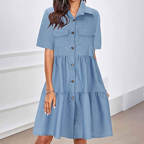 2023 Denim Dress For Women Summer Short Sleeve Long Dresses Loose Flowy Swing Pleated Dress Summer Jean Shirt Dress #TOP1
