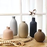 CUCUMI Ceramic Vase Set of 5, Home Decor Farmhouse Décor Handmade Pottery Vases for Pampas Grass, Dried Fresh Flowers, Table, Living Room, Kitchen, Shelf, Entryway Mantel Neutral Tones