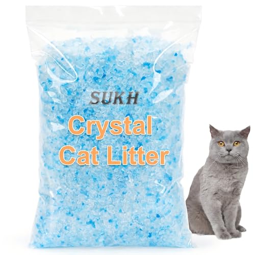 Sukh Arena de cristal para gatos de 4 libras – Cristales de arena para gatos, azul y blanco, transparente, sin polvo, bajo rastreo, control de olores, cristales de gel de sílice, partículas de color