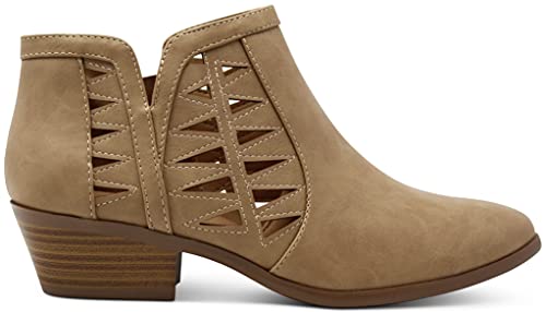 MARCOREPUBLIC Oslo Womens Perforated Cutout Chunky Shoes - Casual and Comfortable Ankle Booties & Block Stacked Boot Heels for Women - (Camel PU) - 6