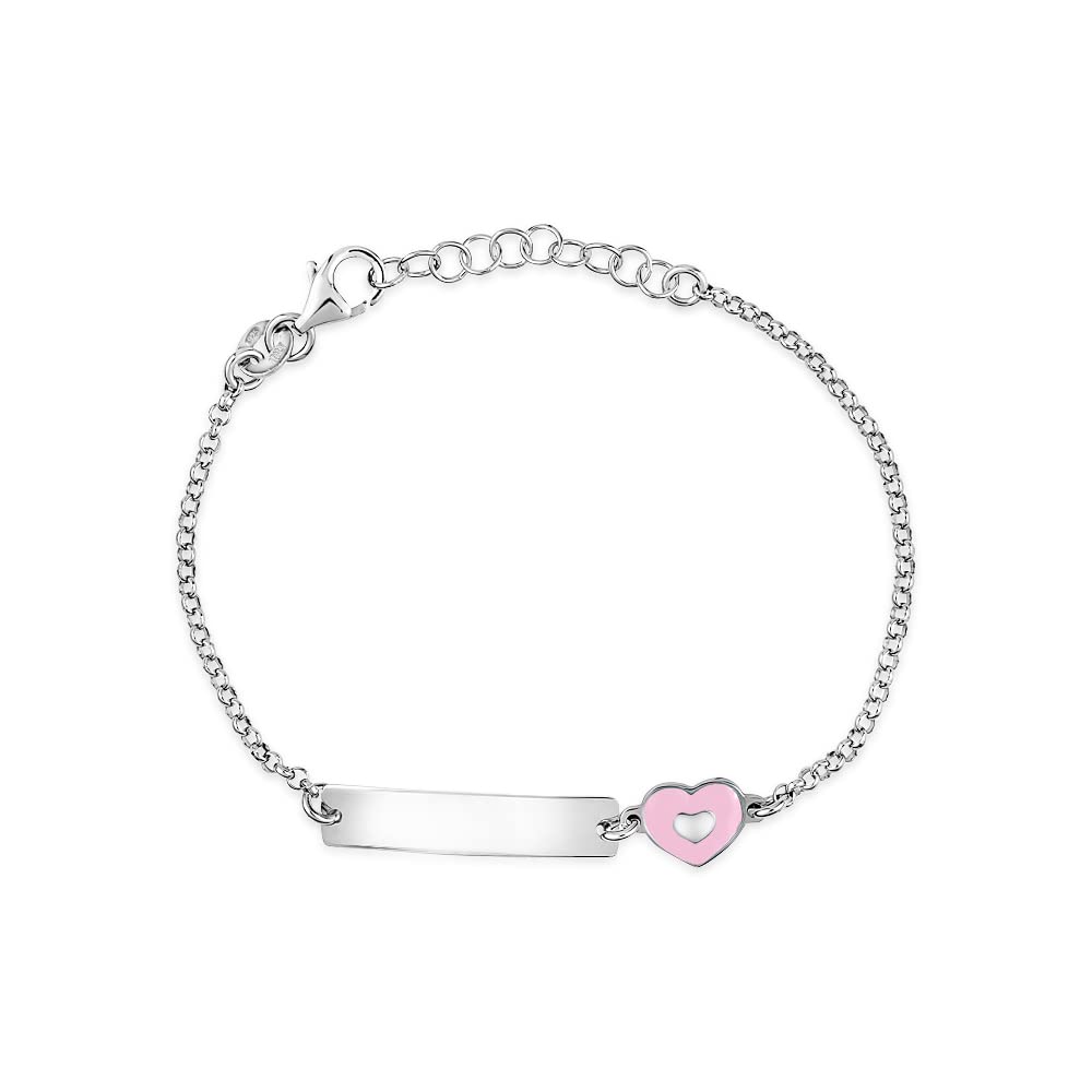 UNICORNJ Sterling Silver 925 Engravable ID Bracelet Rolo Chain for Girls Heart with Pink Enamel 6.5"