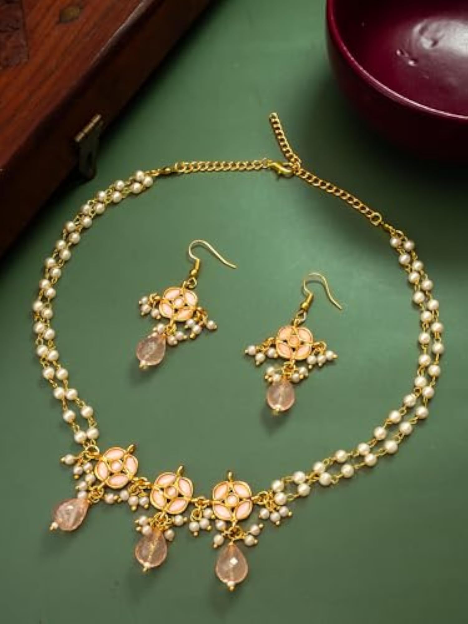 Aadit Stunning Pink Kundan Necklace and Earrings Set