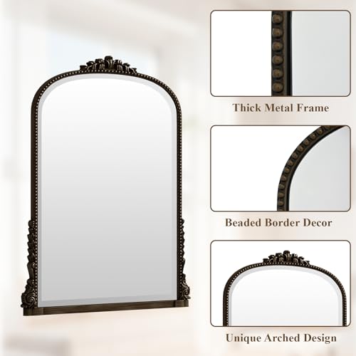 VETROVUE 32 x 24 inch Beaded Arched Wall Mirror, Vintage Bathroom Vanity Mirror Over Sink for Entryway, Bedroom, Living Room, Bronze
