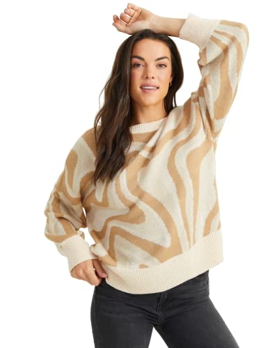 ALTAR'D STATE Women's Long Sleeve Knitted Bella Sweater, Tonal Swirl Casual Fit Brown and White Pullover, Taupe, Small