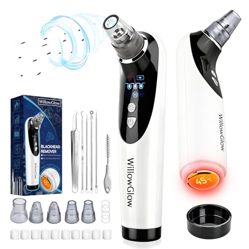 WillowGlow Heated Pore Vacuum Blackhead Remover with Strong 3-Level Suction 5 Nozzles for Deep Cleaning Face Nose & Sensitive Skin Professional Pore Extractor & Facial Kit