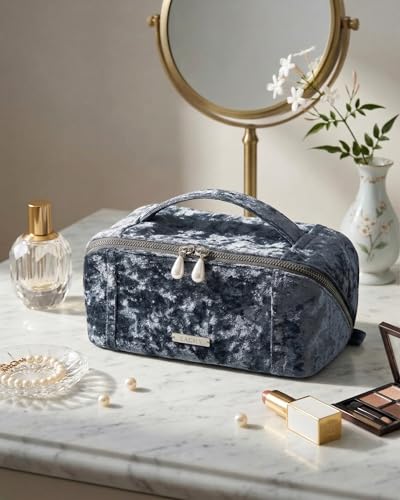 Image of EACHY Travel Makeup Bag, Large Capacity Cosmetic Bag for Women, Waterproof PU Leather, Flat Open Portable Toiletry Bag for Skincare, Brushes & Travel Essentials