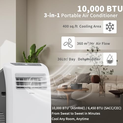 Image of Shinco 10,000 BTU Portable Air Conditioner - 3-in-1 Cool /Dehumidifier /Fan for Rooms Up to 400 sq.ft, Remote Control & 24H Timer, Compact AC Unit for Bedroom /Office