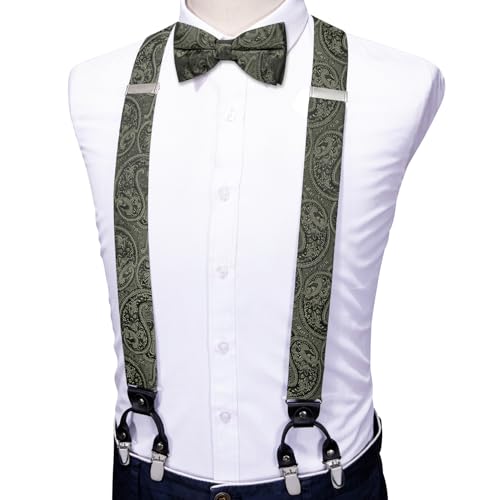 Image of YOHOWA Men Suspenders 6 Clips Strength Adjustable Y Braces Pre-Tied Bow Tie Set Formal Wedding Party