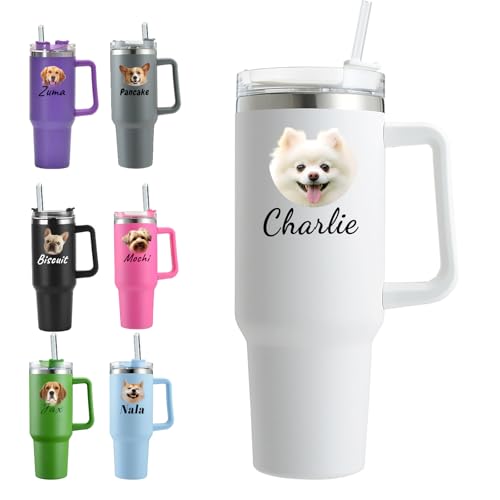 Personalized 40 Oz Tumbler with Handle and Straw, Custom Tumblers with Name&Picture, Gifts for Pet Lovers, Reusable Stainless Steel Water Bottle Travel Mug, Gifts for Mother's Day Travel, Birthday