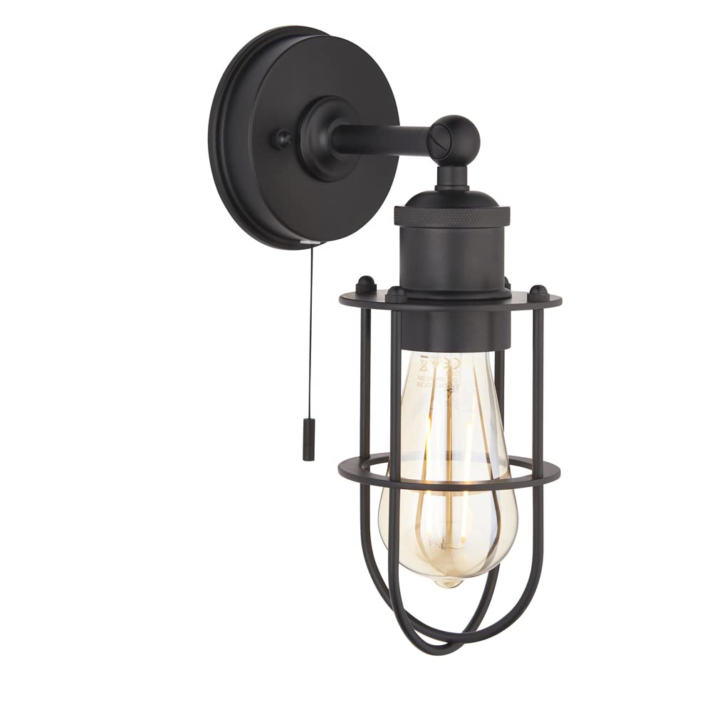 Matt Black Industrial Caged Bathroom Wall Light - Ip44 Rated - Knurled Detailing | Matt Black Finish Finish - Bulb Not Included - Requires 6W LED E27 Warm White - Non-Dimmable Lighting