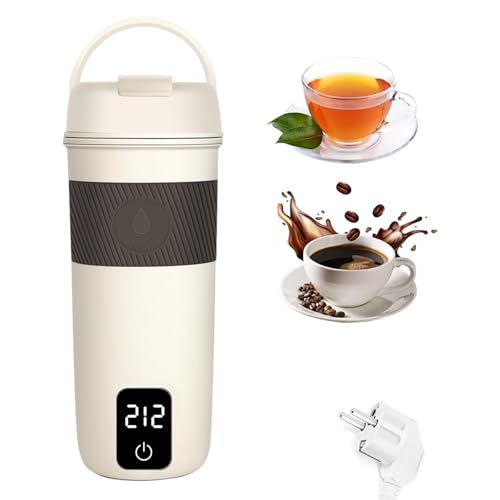 Euakee Caldera de Viaje Eléctrica, Calentador Portátil de Viaje de 350 ml para Café, Té, Sopa de Leche, Mantener Caliente, Caldera de Agua de Viaje de Acero Inoxidable 304 con Pantalla LCD
