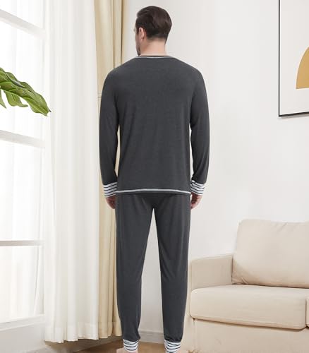 Image of NACHILA Mens Pajamas Set Long Sleeve Henley Sleepwear Top Soft Jogger Pants Pajamas Cool Pjs Set,Viscose Made from Bamboo