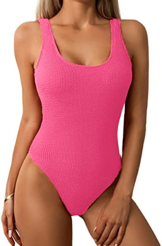 Limeeke Women One Piece Swimsuit Solid Ribbed Monokini Swimwear Scoop Neck Low Back Bathing Suit Hot Pink S