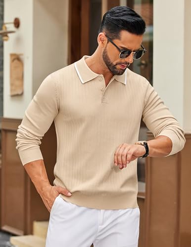COOFANDY Polo de punto para hombre con manga larga, suéter clásico casual para golf, suéter liviano y ajustado con cuello y botones miniatura 3
