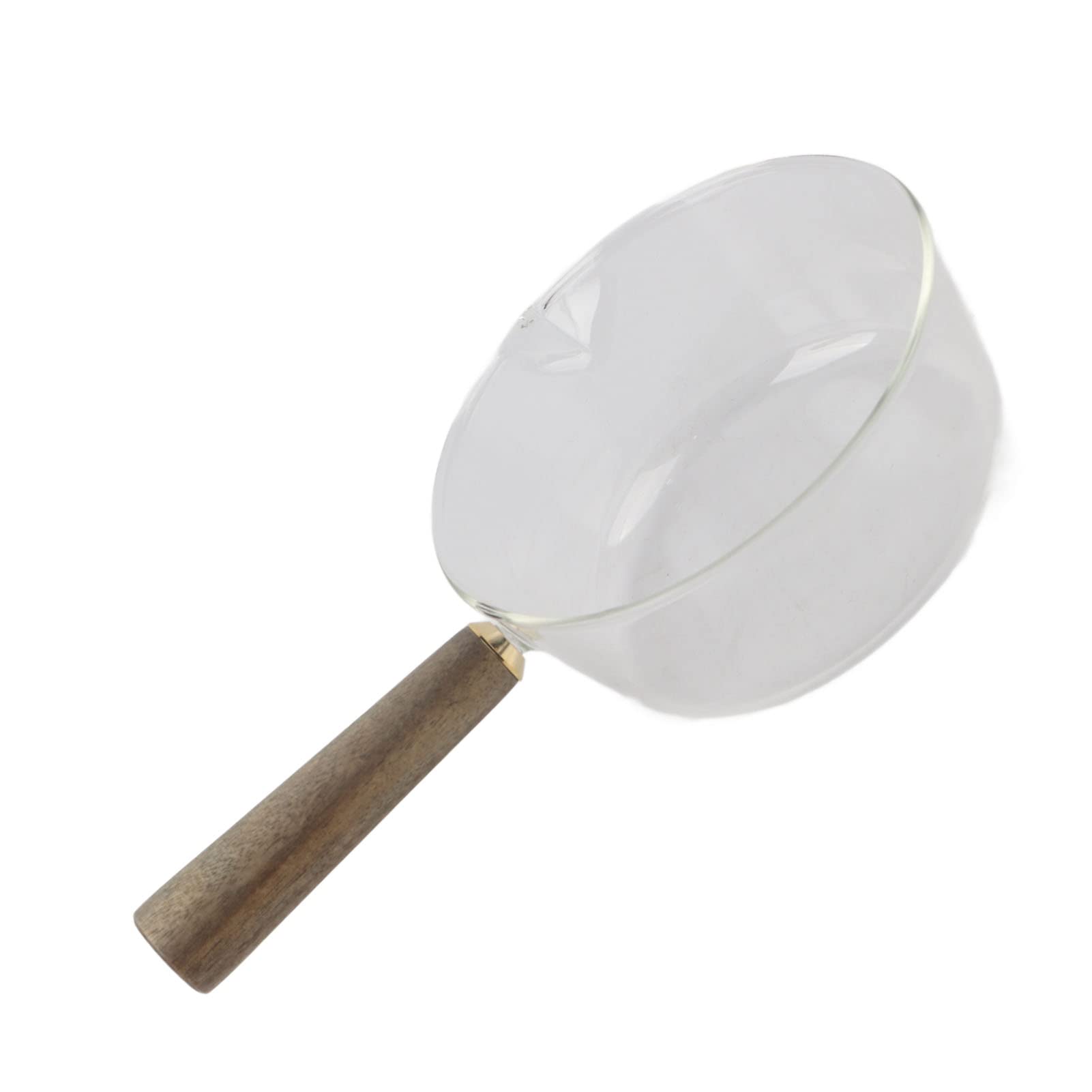 Steelpan, glazen melkpan met houten handvat, kookpan, steelpan Steelpan, glazen melkpan met houten handvat, kookpan, steelpan