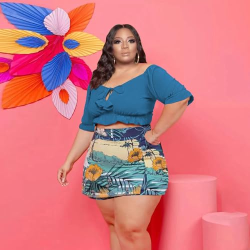 Image of Women Plus Size Skirt Two Piece Outfit Short Sleeve Off The Shoulder Crop Top shorts Dress Suit Set