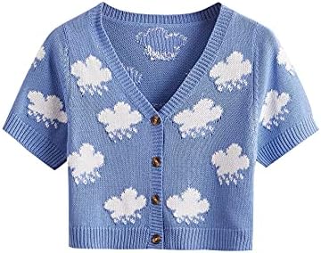 WDIRARA Women's Cartoon Clouds Print Button Front V Neck Knit Crop Top