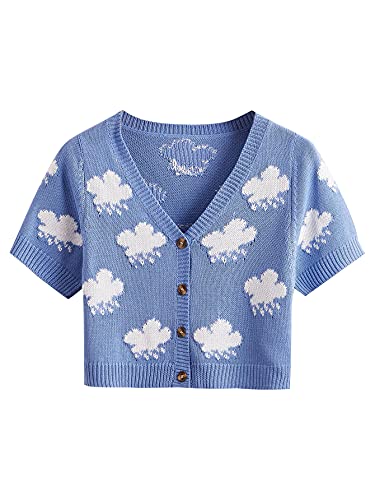 WDIRARA Women's Cartoon Clouds Print Button Front V Neck Knit Crop Top