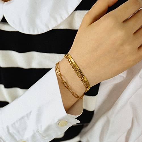 Gold Layered Figaro Chain 18K Gold Plated Herringbone Non-Tarnish Dainty Paperclip Stackable Stainless Steel Flat Snake Link Bracelet For Women Girls Jewelry Set #TOP2