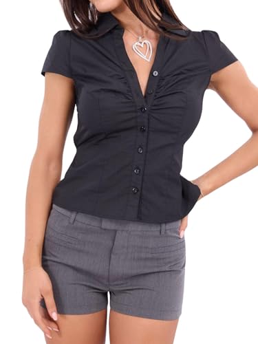 Womens Short Sleeve Button Up Shirts Y2k Slim Fit Lapel Collar Pleated Business Blouses Casual Basic Solid Office Shirt (Black, S)