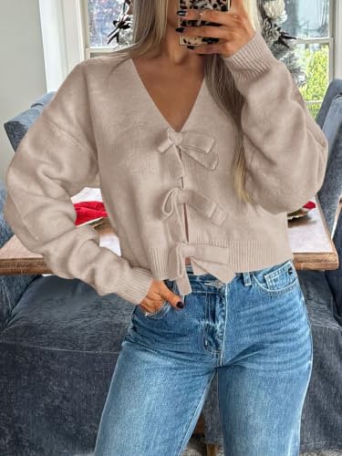 Image of Saodimallsu Womens Bow Sweater Cropped V Neck Long Sleeve Pullover Tops | Soft Cozy Knit, Two-Way Wear Design, Front & Back Bow, Cute Fall Tops 2026, Winter Fashion, Dressy Casual Holiday Outfits