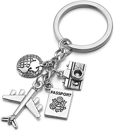 JOVIVI Mens Keychain Silver Plane/Passport/Camera/Earth/Travelling Charm Key Chain Ring DIY Accessories Car Keyring for Women Gifts