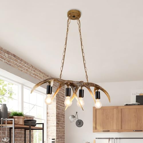 NOCHX Lamadario Vintage con Creativo Cervo Corno Design Resina Lampadario da Soffitto E27 Regolabile in Altezza Nordico Pranzo Appendere Luci Ristorante Soggiorno