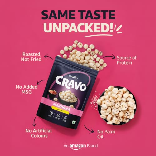Image of Amazon Brand - Vedaka Cravo Pink Salted Makhana Snack | No Palm Oil | No Artificial Colours | Roasted, Not Fried | Source of Protein | 75g