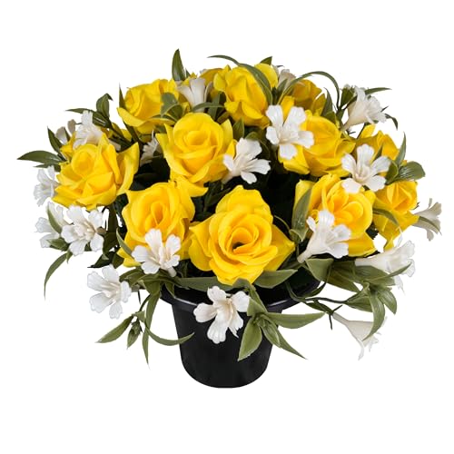Artificial Flowers for Graves - Yellow Roses (Open) in Grave Flower Pot with Plastic Gyp and Greenery, 16 Heads, Pre-Arranged Handmade Outdoor Cemetery Decoration Memorial