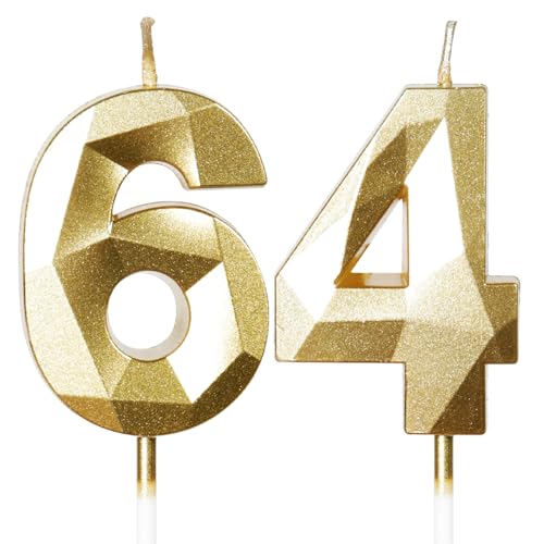 Yiran 64th Birthday Candles, Gold Number 64 Happy Birthday Candles, Cake Topper Decorations for Birthday Party, Wedding Anniversary Celebration Supply