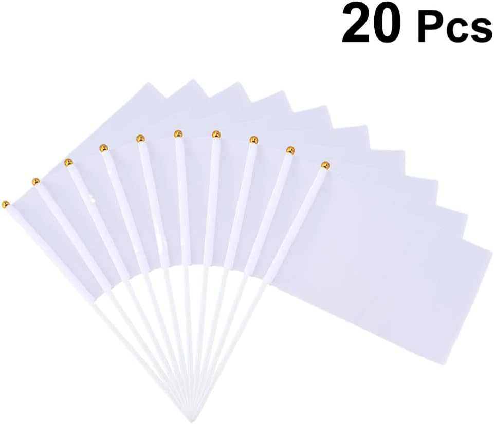 PRETYZOOM 20pcs White Blank Stick Flags Hand Held Small Mini Solid Flag for Parade Supplies School, Sports Club