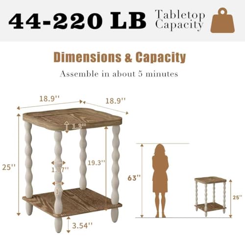 karlott End Table, 2-Tier Farmhouse Side Table, 18.9'' Handcrafted Weathered Wooden Nightstand Table, Pine Leg, Square Arc Small End Tables for Living Room, Small Space, Bedroom, Boho, Easy Assembly - Image 2