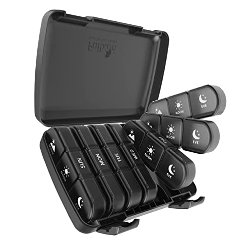 Fullicon Portable Travel Medicine Organizer 3 Time 7 Day Light Proof Pill Organizer Large Capacity Pill Box 21x Weekly Daily Medicine Box Case Vitamin Box Organizer (Black)