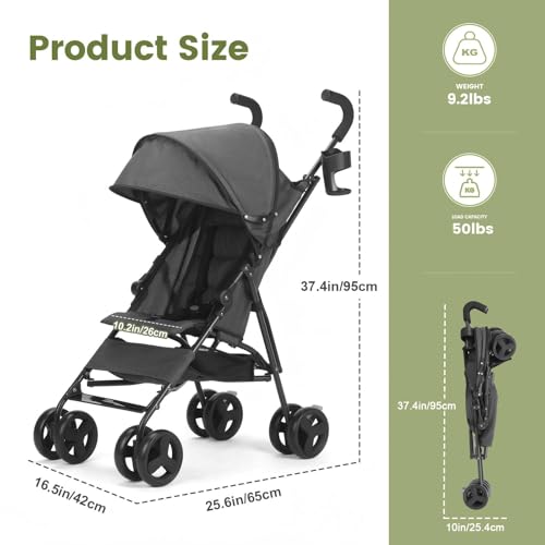 Image of One-Handed Folding Lightweight Stroller, Large Storage Basket, Canopy, Cup Holder, Compact Umbrella Stroller Durable Frame, 3-36M Travel Stroller for Airplane Ultra Overhead Friendly (Gray)
