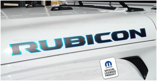 Decal Mods Rubicon Hood Graphic Vinyl Decal fits Jeep Rubicon JL/JT (2018-2025) Matte Black with 4xe Blue Outline (Set of 2) BLU4XE | UV1R3