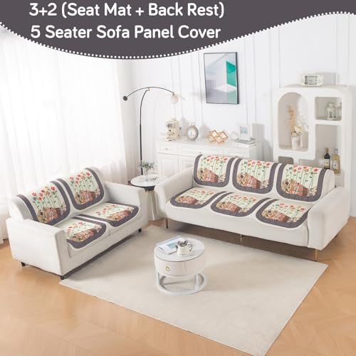 Image of HOKIPO HeavenHue Sofa Cover 5 Seater Panel Set 3+2, Floral Patchwork
