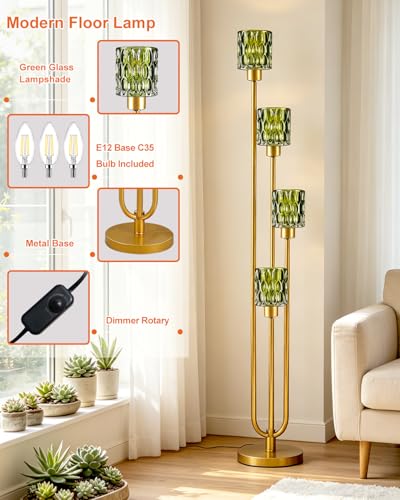 Image of Lightdot 4-Lights Glass Floor Lamp Dimmable Gold Floor Lamps with Green Glass Shade 3000K Bulbs Included Unique Modern Standing Tall Lamp with 5Lbs Heavy Base for Living Room /Bedroom /Sofa Beside