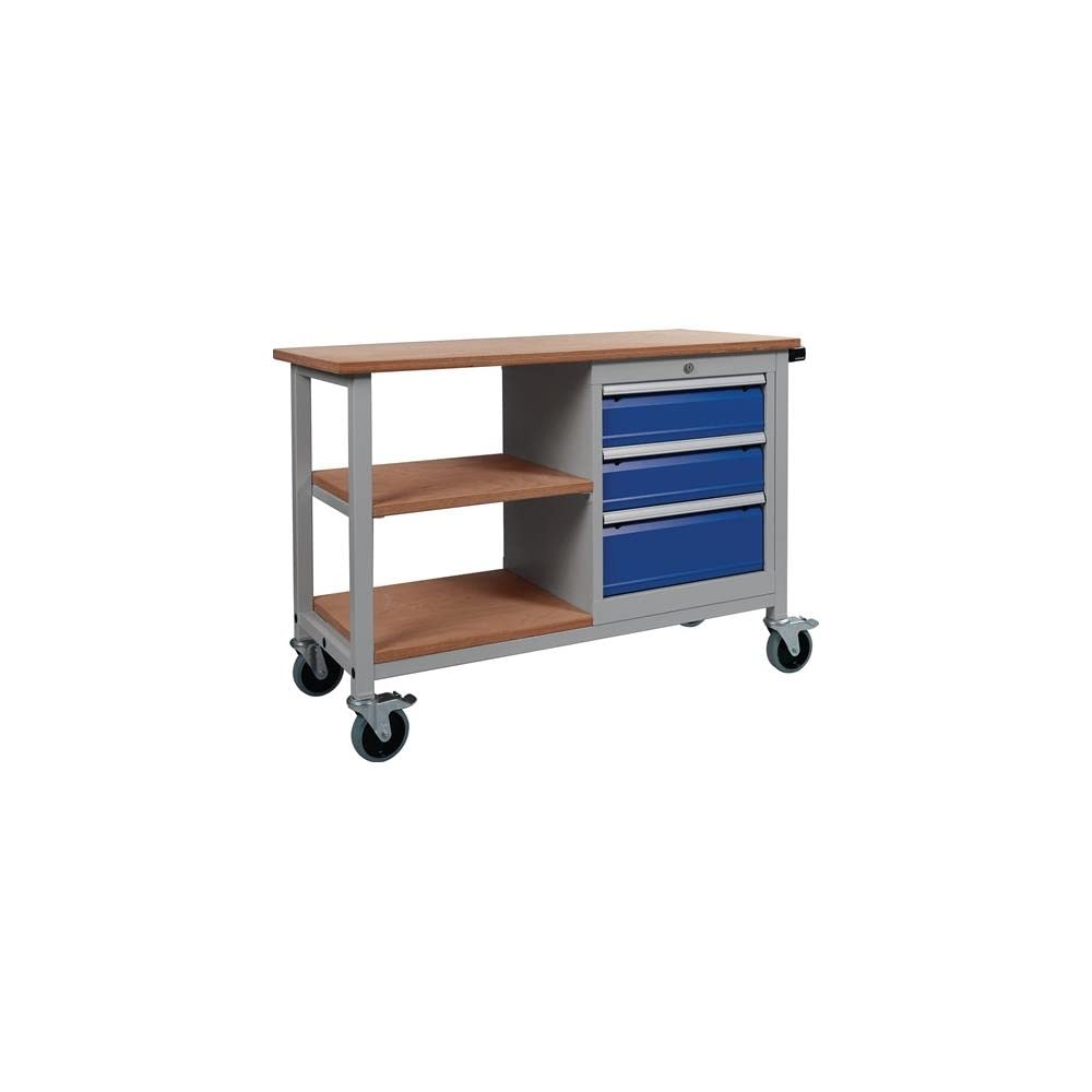 Banco da lavoro in legno di faggio, larghezza 1200 x profondità 540 x altezza 880 mm, Multiplex grigio chiaro/blu segnaletico, 4 cassetti