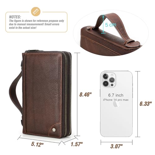 Image of Top Grain Genuine Leather Zipper Clutch Wallet for Man & Woman, Handmade Vintage Design, Multi Slots & Side Pocket & Strap, RFID Large Capacity for Cards /Checks /Passports /Phone /Pen /AirTag, Red Coffee