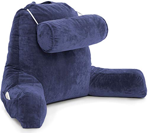 XXL Husband Pillow Dark Blue Backrest with Arms - Adult Reading Pillow Shredded Memory Foam, Ultra-Comfy Removable Microplush Cover & Detachable Neck Roll, Unmatched Support Bed Rest Sit Up Pillow