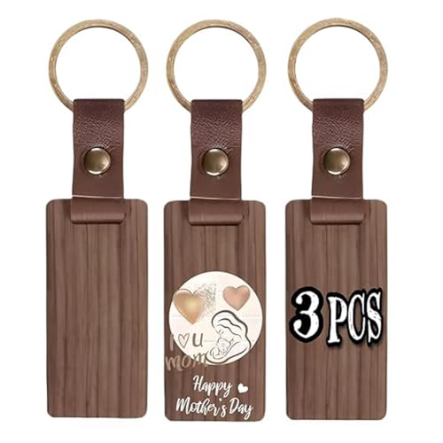 KEALBAUS Lot de 3 porte-clés vierges en bois brut avec sangle en cuir