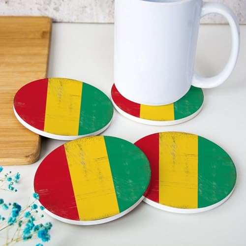 Lot de 4 sous-verres ronds vintage avec motif drapeau national de la Guinée avec dos antidérapant, décoration d'intérieur, cadeau de pendaison de crémaillère, 10,2 cm