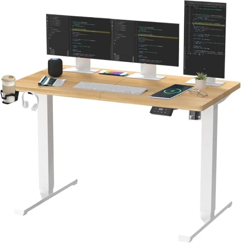 SANODESK QS Escritorio Elevable Eléctrico 140x60 cm, con Controlador de Pantalla Digital y Memoria, Gancho para Auriculares y Soporte para Bebidas, Escritorio Ergonómico para Oficina y Hogar - Arce